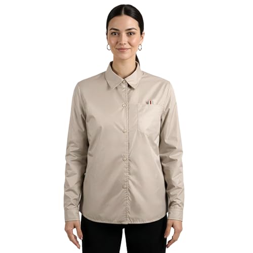 PERLETTI Chaqueta Camisa Impermeable Mujer - Antiviento con Interior Acolchado Botones a Presión y Bolsillos - Chubasquero Lluvia Cortaviento Abrigo Ligero Versátil Resistente Plegable (M, Beige)