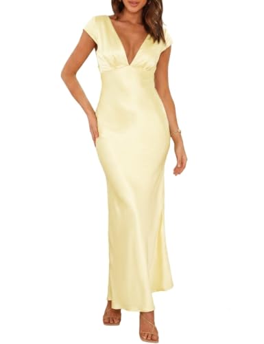 Halfisland Womens Summer Satin V Neck Cap Sleeve Midi Dress Wedding Guest