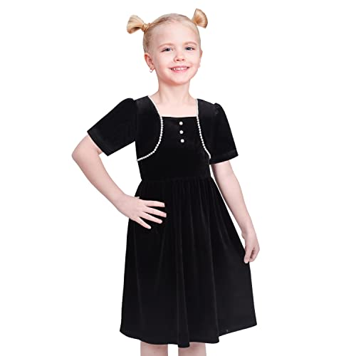 Sunny Fashion Girls Dress Black Velvet Short Sleeve Pearl Vintage Party Casual2