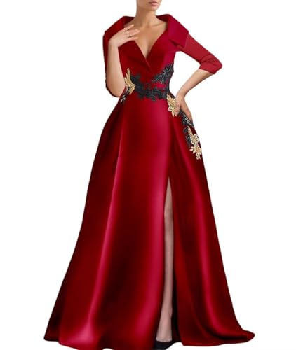 Long Sleeve Prom Dress with Slit Satin Embroidered Mother of The Bride Dresses V Neck Formal Evening Gowns3