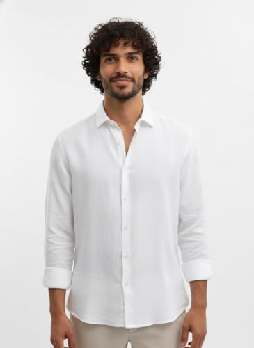 Image of Men's Linen Cotton Shirt | Solid Design | Full Sleeve | Regular Fit | Button Down Collar | Summer Casual & Formal Wear