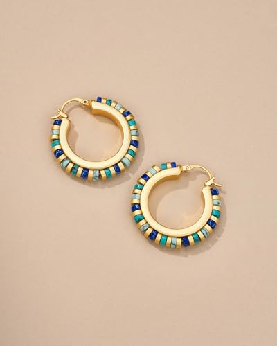 Large Gold Teal Blue Beads Natural Stone Dangling Hoop Huggie Statement Earrings for Women, Colorful Preppy Retro Bold Handmade Exaggerated Bohemian Turquoise Jewelry Gifts, Vintage Unique Cute Baroque Dangly Drop Summer Beach Fashion Nickle Free Gemstone Rhinestone Earrings Accessories4