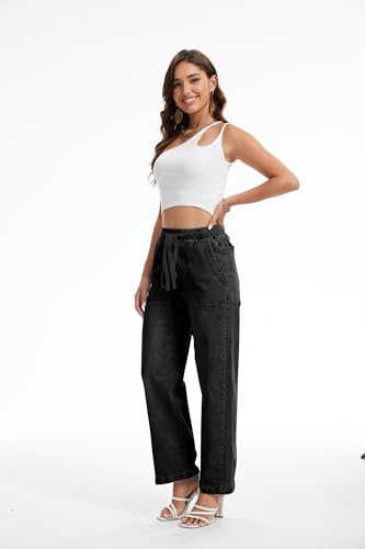 SESERAGI Womens Mini Barrel Stretch Jeans Distressed Drawstring Wide Leg Loose Pull On Denim Jeans Pants4