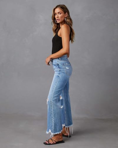 Women's Ripped Flared Jeans High Waisted Distressed Hem with Frayed Edges Boyfriend Wide Leg Denim Pants3
