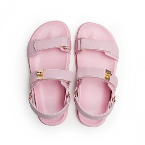 Image of FabKids Girl's Flat Sandals Comfort Adjustable Double Strap Slip on Leather Footbed Sandals for Toddler Little Kid Big Kid