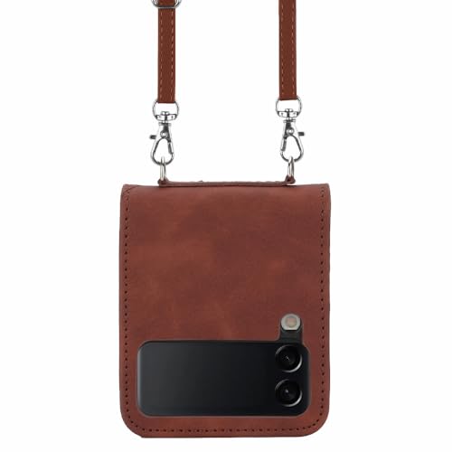 Étui en cuir pour Samsung Galaxy Z Flip 4 avec bandoulière réglable et antichoc marron