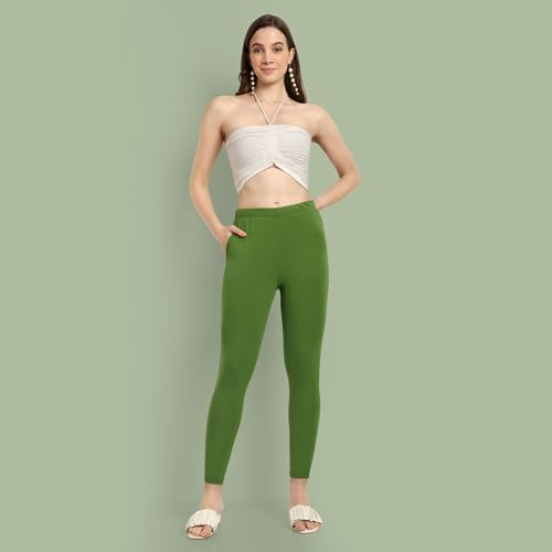 Image of ONE SKY Women Ankle Length Leggings | Premium Cotton Modal Spandex Blend | High Waist Stretchable & Bio-Washed Fabric | Colour-Lock | Ethnic Leggings for Women