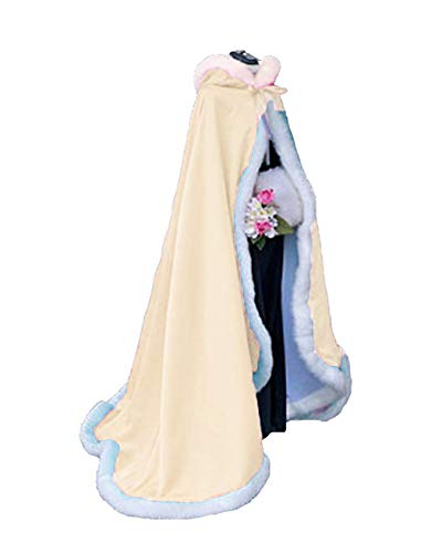 PD Wedding Cape Hooded Cloak for Bride Winter Reversible with Fur Trim Free Hand Muff Full Length 081 Champagne