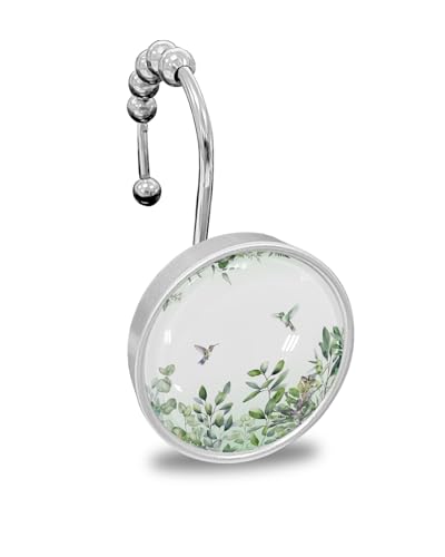 Plants Shower Curtain Hooks, Leaves Green Hummingbird Watercolor Style 12PCS Shower Curtain Hooks Rings for Bathroom Stainless Steel Rust Resistant Shower Curtain Hangers