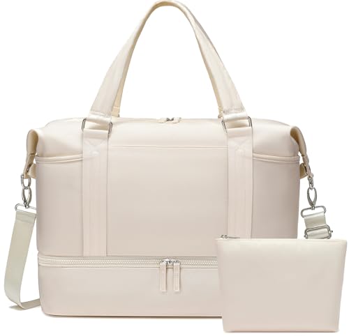 Bluboon Borsone da viaggio da donna con scomparto per scarpe, borsa da viaggio in tela con manico a carrello, Beige 288