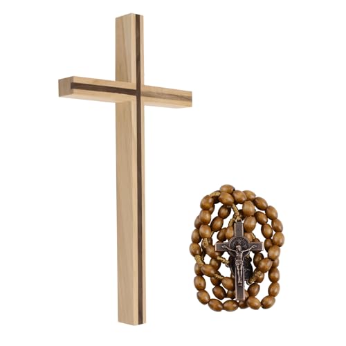 CRAFFANCY Crucifijo de pared con collar de cuentas, crucifijo de madera natural, adorno de cruz cristiana para decoración de oración, paredes y habitaciones