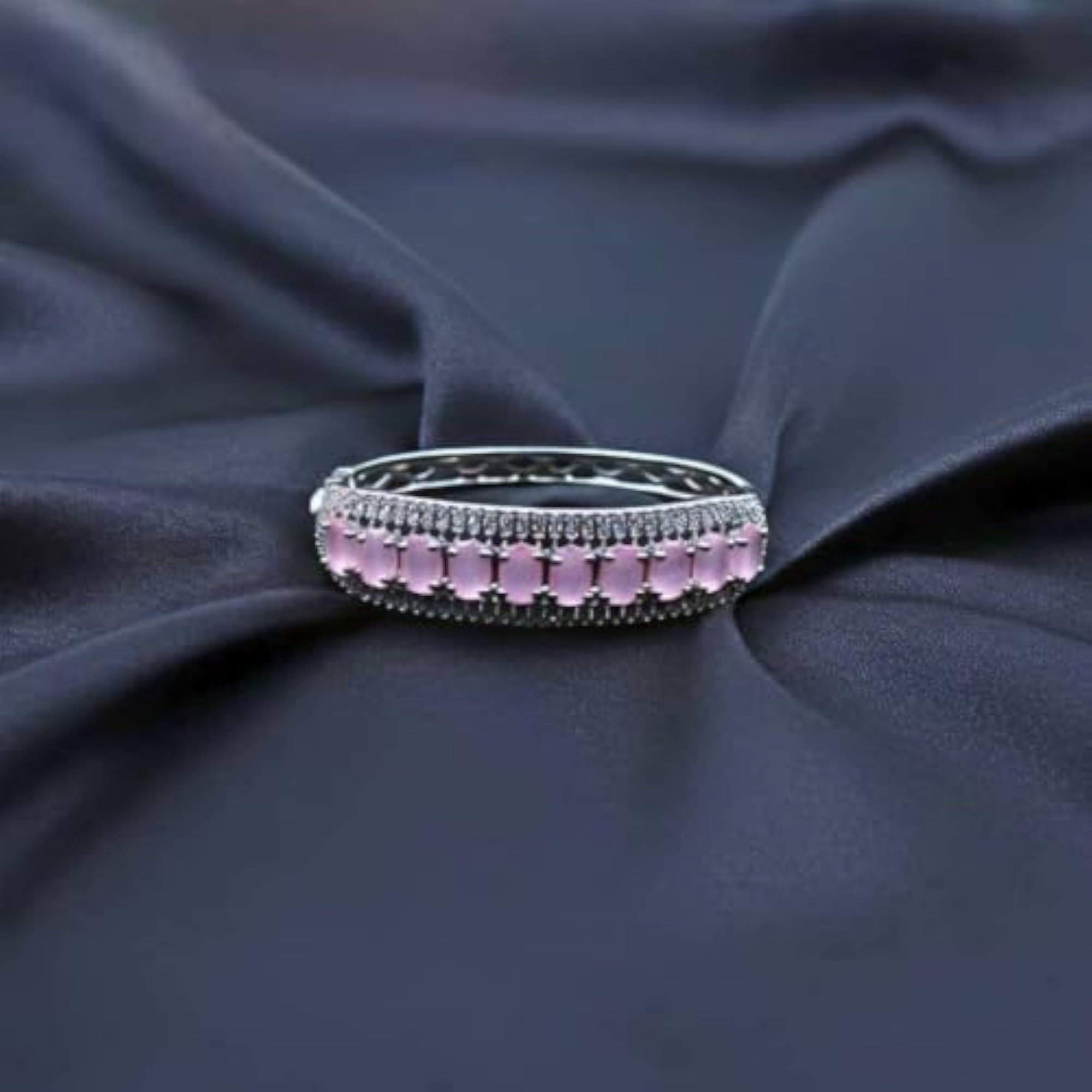 Rhodium Plated Pink Stone American Diamond Kada
