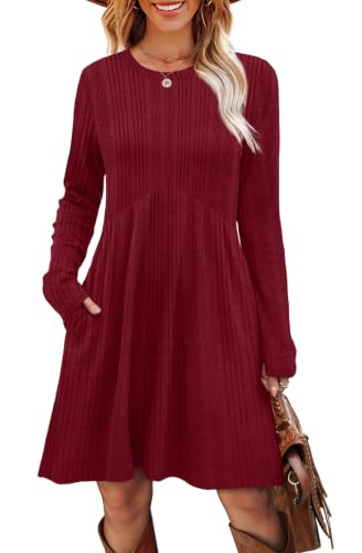 Image of OFEEFAN Long Sleeve Dress for Women Crew Neck Empire Waist Tunic Dress with Pockets