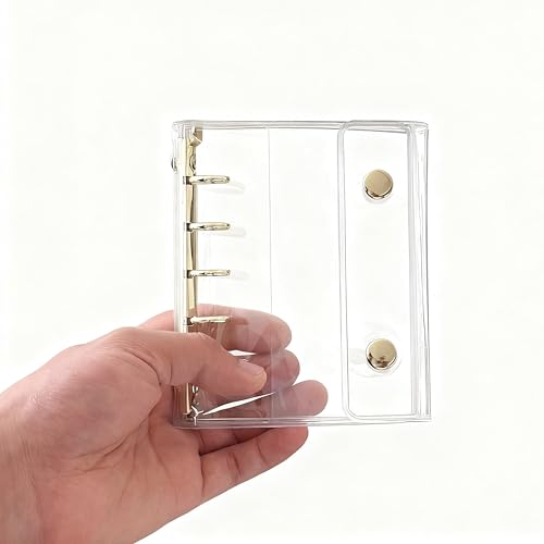 リンゴノート シール収納アルバム 透明PVC 三つ折り バインダー 耐摩耗 M5ルーズリーフ対応 ステッカーブック フォトアルバム スクラップブック 収納帳(マス目内芯(45 枚)) (金色)