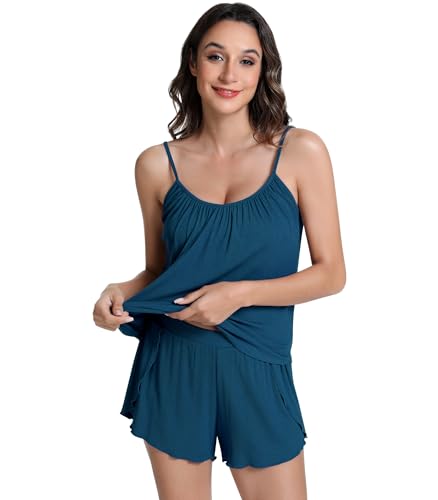 Image of NACHILA Women's Cami Pajamas-Viscose Made from Bamboo, Cool Camisole Pajama Sets Ribbed Pjs Shorts Set Sleeveless Sleepwear