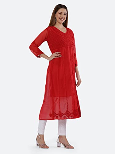 Image of FAWOMENT Ethnic Designer Angarkha A-Line Georgette Kurta with Exclusive Hand Embroidered Lucknowi Chikankari for Women