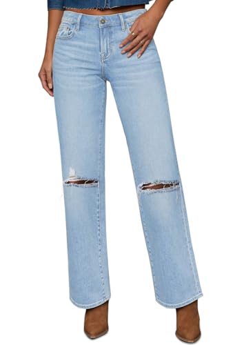 Yewfirm Ripped Jeans Womens Straight Wide Leg Distressed Destroyed Baggy Stretch High Waisted Denim Pants for Women Light Blue Size 8