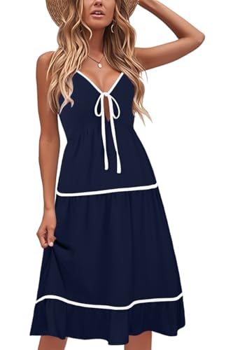 Image of ECOWISH Women 2026 Summer Dresses Tie Front V-Neck Spaghetti Strap Button Down A-Line Backless Swing Midi Dress
