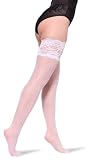 BANANALU XS-XXL Halterlose Strümpfe mit Spitze 20 DEN – transparente Stay-Ups mit floralem Spitzenband & Silikon-Halt, Sexy Hold-Ups Bianco XL-XXL