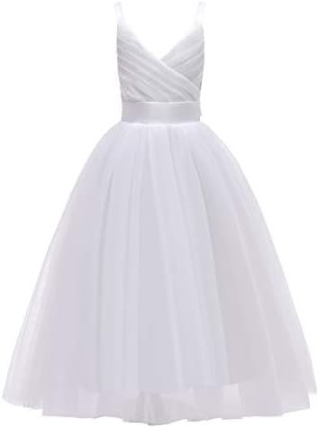 Glamulice Spaghetti Straps Lace Flower Girl Dress First Communion Kids Birthday Ball Gown Princess Bridesmaid Tulle Maxi Long A Line Pageant Wedding Party Dresses 8 White Girls Church Event Gowns