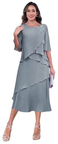 Tiered Chiffon Mother of The Bride Dresses for Women Wedding Tea Length Half Sleeve Lace Applique Formal Evening Gowns