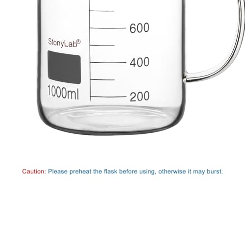 Image of stonylab Glass Beaker with Handle, Borosilicate Glass Graduated Low Form Griffin Beaker with Handle and Pouring Spout, 1000 ml