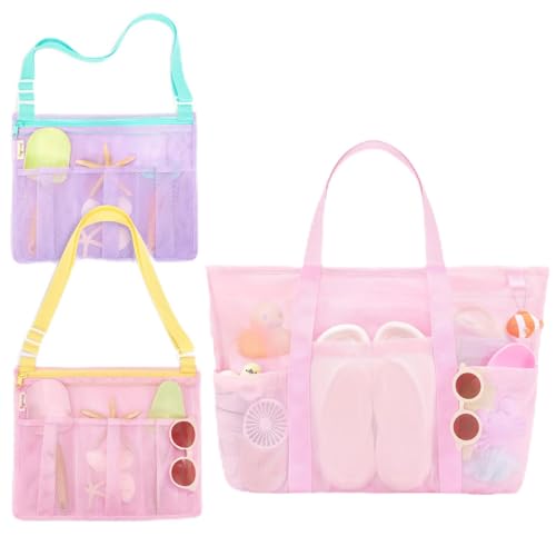 Tagitary Mesh Beach Bag with Zipper 3Pcs, Pink Large Tote and Kids Beach Bags for Shell Collecting Beach Toys Storage Swim Pool Accessories Vacation Sports Camping Picnic Travel Bag
