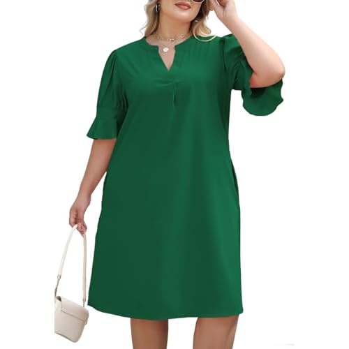 Celkuser Plus Size Summer Casual Shift Dress for Curvy Women V Neck Ruffled Sleeves Loose Shirt Dresses with Pockets 2025 14 Plus Armygreen