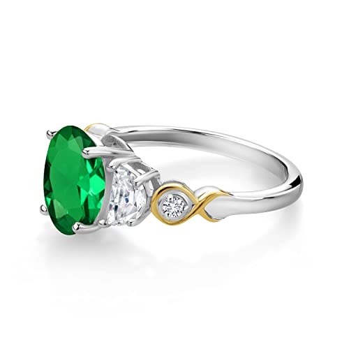 925 Silver and 10K Yellow Gold Oval Gemstone Birthstone Half Moon Moissanite and Lab Grown Diamond 3-Stone Wedding Engagement Anniversary Promise Ring For Women | Available In Size 5, 6, 7, 8, 93