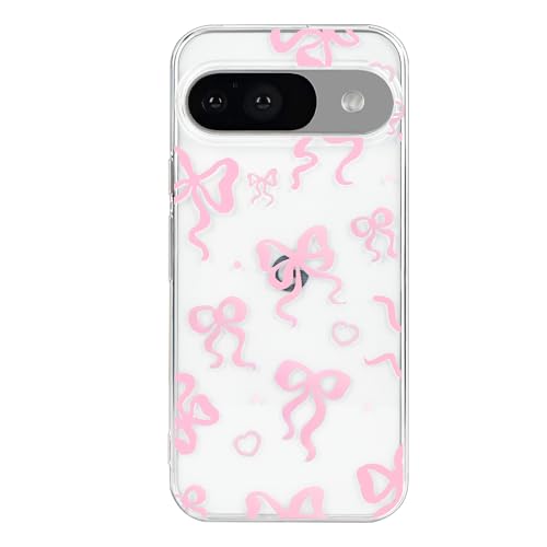 xoniery Compatible with Google Pixel 9/9 Pro Clear Non-Yellowing Case with Cute Pink Bows Pattern, Luxury Shockproof Protection for Google Pixel 9/9 Pro Case for Women Girls-Pink