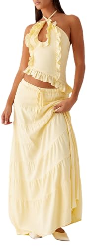 Maxi Skirt Sets for Women 2 Piece Sexy Long Skirt and Halter Tank Top Set Two Piece Going Out Set Vacation Outfits