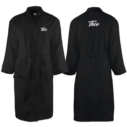 VANEVITCH Peignoir personnalisé avec un prénom, en éponge 340 gr 100% coton (S/M, NOIR)