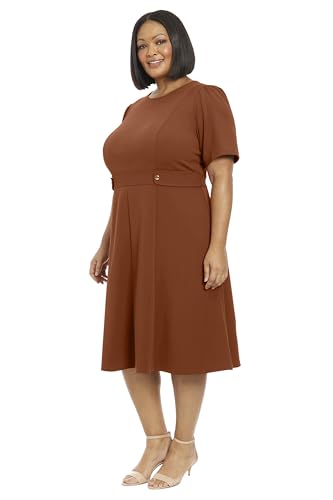 Image of London Times Women's Short Sleeve Crepe Fit and Flare Midi with Waist Button Detail
