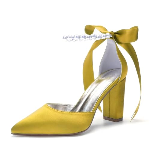 Image of Pearl Wedding Shoes for Bride Chunky Heel Poined Toe Wedding Block Heels Prom Evening Pumps