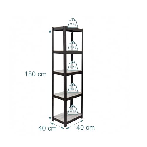 Relaxdays Standregal, HxBxT: 180 x 40 x 40 cm, 5 offene Ablagen, 300 kg, Beistellregal für Büro, Keller, grau/schwarz