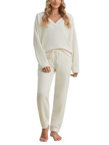 Snuggle Sac Womens Pajama Sets 2 Piece Cozy Winter Fluffy Fuzzy Pajamas V Neck Long Sleeve Lounge Set(Large Ivory)