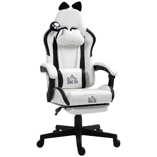 HOMCOM Silla Gaming con Orejas Silla Gamer Reclinable con Altura Ajustable Reposapiés Retráctil Soporte Lumbar y Reposacabezas Desmontable Silla para Oficina Estudio Blanco