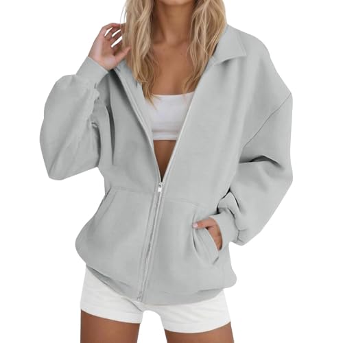 Zip Up Sweatshirt Women No Hood Oversized Casual Long Sleeve Full Zip Jacket with Pockets Fall 2025 Fashion Outerwear
