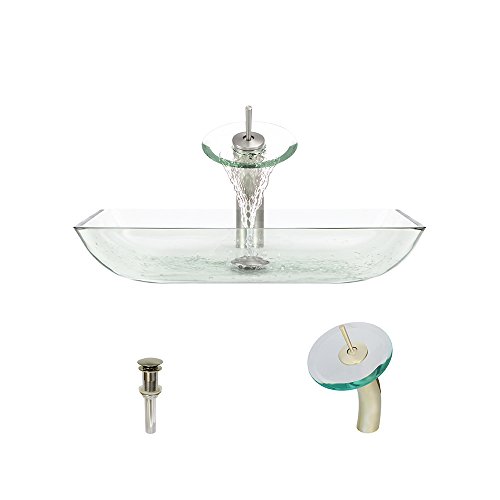 MR Direct 640-CR-WF-BN Crystal Glass Vessel Sink Waterfall Faucet and Pop-Up Drain in Brushed Nickel