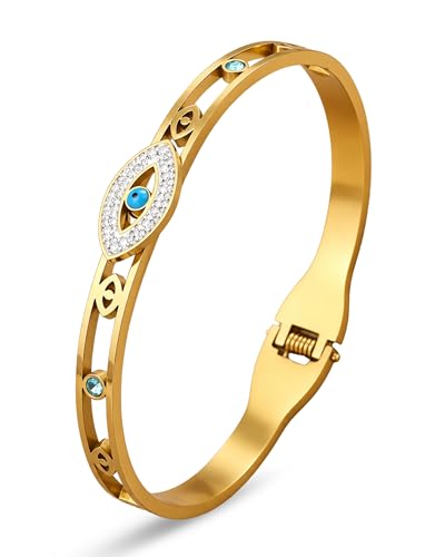 Image of Stylish Gold Plated Bangle for Women | Daily Use Stainless Steel Kada | Anti-Tarnish Waterproof Cuff | Multicolour Crystal Evil Eye | Daily Wear Bracelet For Womens | Premium Gift For Girl
