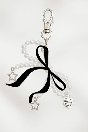 Image of Bag Charm |Pearl Bow Design With Heart Charm and Ribbon | Cherry Charms | Bags Charms for handbags keychain Unique Key Chains for Women Key Ring for Girls