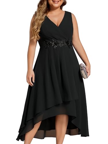 Ever-Pretty Plus Women's V Neck Applique Chiffon Pleated Sleeveless Midi Plus Size Cocktail Party Dresses