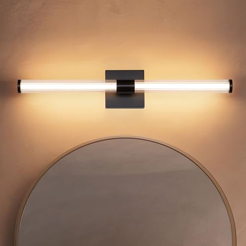 Image of Tubicen LED Vanity Light Linear Vertical Wall Sconce Dimmable 25in | 360 Full Lighting, 12W Vanity Light Bar Modern Slim Wall Light Fixture for Living Room Bathroom Bedroom, Warm White, Black