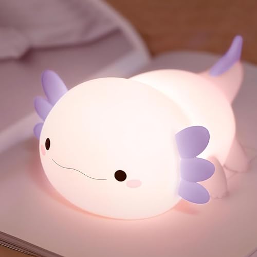 FAMIDUO Luz Nocturna Bebe Axolotl, Luz Infantil Nocturna LED Recargable Táctil de Silicona con 20 Minutos Temporizador, Kawaii Lampara Bebe Noche 2 Modos de Atenuación, Buen Regalo para Niños, Niñas