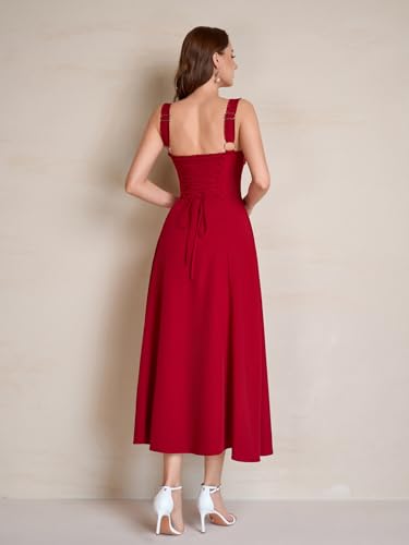 Image of KUTUMAI Floral Corset Midi Dresses for Women 2026 Lace Up Flowy Summer Wedding Guest Dress with Pockets