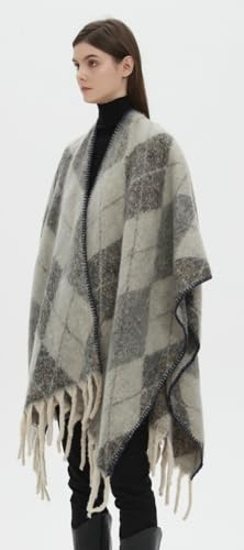 Women's Mohair Shawl Wraps Open Front Plaid Tassel Poncho Oversized Knitted Sweater Cardigan Shawls for Fall Winter2