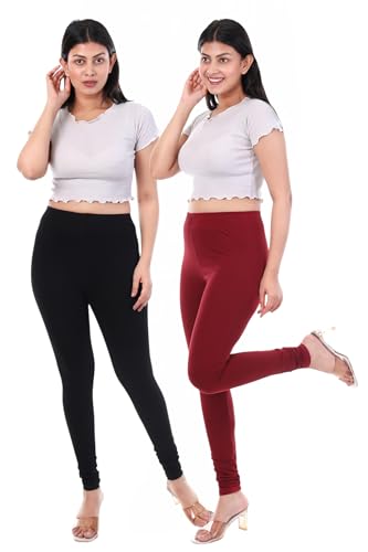 Image of TPF Women Solid Cotton Lycra 4 Way Stretchable Leggings | Combo Pack of 2 Comfortable Churidar-Length Slim Fit Leggings for Women & Girls