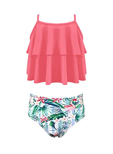 SHEKINI Girls Bathing Suits Ruffle Flounce Floral Printing Two Piece Swimsuits Kids Sport Bikinis