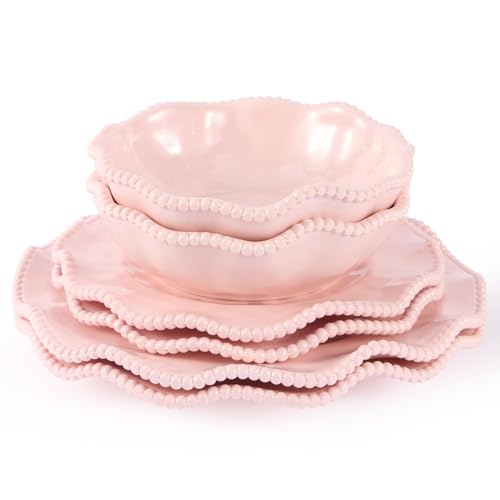 Image of ADSURMELA 6-Piece Pink Melamine Dinnerware Set, Service for 2, Beaded Edge Scalloped Plates with Silver Glitter, Heavy Duty Shatterproof Unbreakable, Elegant for Bridal Shower Wedding Party Outdoor