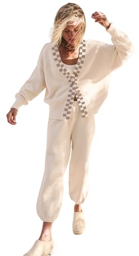 SAUKOLE Womens Two Piece Outfits Knit Sweater Sets Oversized Button Down Cardigan and Long Pants Matching Lounge Set4